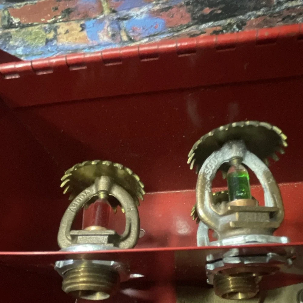 Lot of Sprinkler Heads, Brass w/ Colored Glass Bulbs, Red Case,  vintage